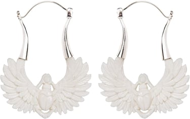Egyptian Revival Hand Carved Bone Egyptian Winged Scarab Beetle Earrings. Sterling Silver