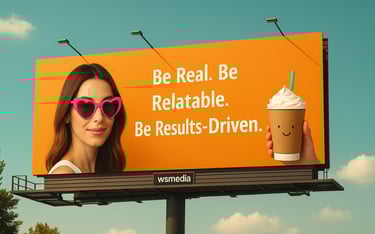 A billboard with a girl on it with slogan Be Real Be relatable be result driven