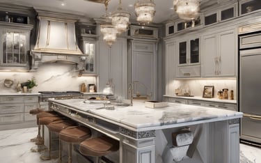 a kitchen with a center island with four stools