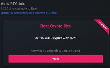 Advertisement on Cointiply