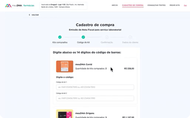 tela de cadastro de compra testes meuDNA na farmácia