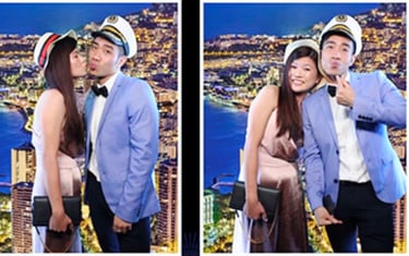 Couple posing with a Green Screen taken at a celebration Mirror Photo Booth.