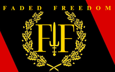 a black and gold logo with a red and black background