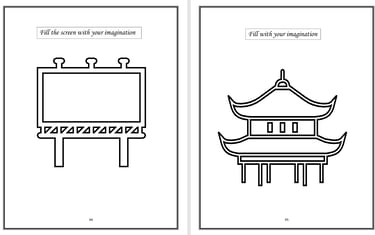 a doodling page of chinese architecture and a billboard