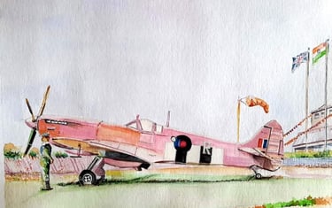 Vintage aviation art, pink spitfire aircraft