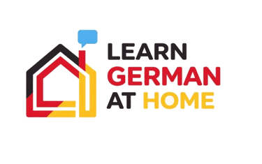Learn German At Home logo with a house icon in German flag colors and a speech bubble.