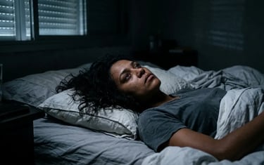 A woman lying awake in bed at night struggling with insomnia and sleep deprivation.