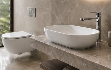Modern luxury bathroom with white vessel sink on marble vanity and wall-hung toilet.