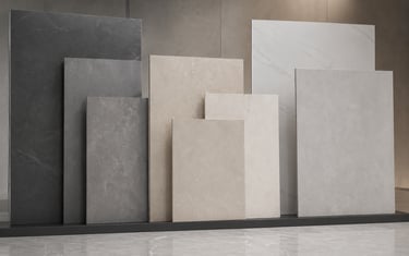 Display of large format porcelain tiles in neutral grey and beige tones for modern interior flooring.