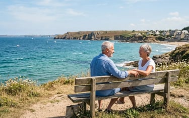 Un couple de seniors assis sur un banc face à la mer, illustrant l'accompagnement de SerenFind & Ins