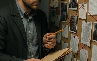 Focused male detective with glasses examining a corkboard investigation wall with photos and red string.
