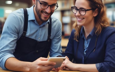 a man and woman sitting at a table with a tablet