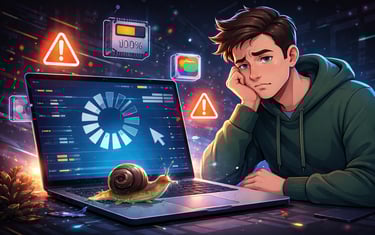 jovem com o notebook lento