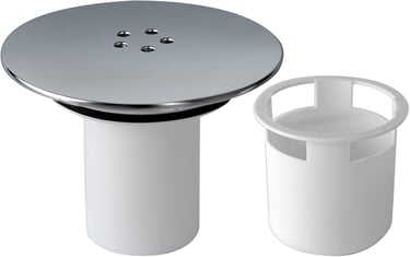 a white toilet with a metal drainet and a cup holder