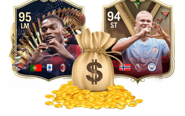 carte di leao e haaland su ea sports fc e una sacca piena di soldi