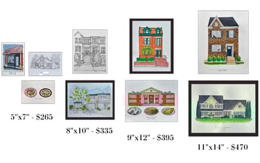 Custom architectural house portraits and venue illustrations displayed in various frame sizes and pricing.