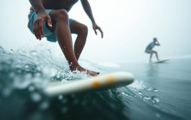 a man riding a surfboard on a wave