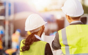two people in safety vests standing in front of a building