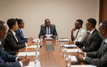 Environmental shot of a policy dialogue roundtable, young African professionals seated in a semicircle in a government-style conference room, one participant standing to present, papers and water glasses on the table, overhead natural light