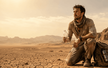 A thirsty traveler kneeling in a dry desert holding a water bottle with mountains in the background.