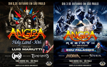 Cartazes dos shows comemorativos do disco Holy Land e Rebirth da banda Angra no Tokio Marine Hall