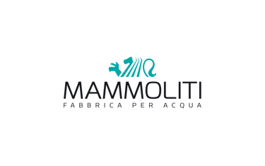 Mammoliti Fabbrica Per Acqua brand logo featuring a turquoise lion icon and gray text on a black background.