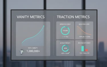 Comparison between vanity metrics and true traction metrics in a minimalist, investor-ready chart.
