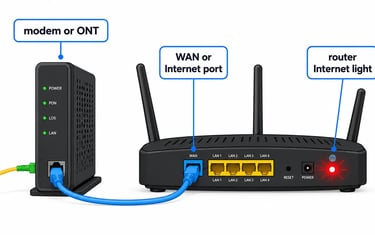 Router with red Internet light connected by Ethernet cable to a modem or ONT.