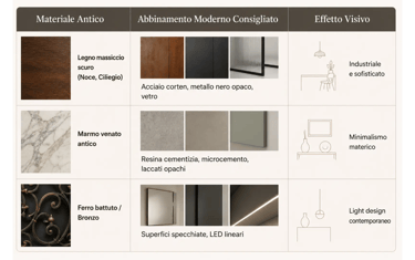 tabella abbinamento materiale antico con ambiente moderno