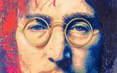 Close-up pop art portrait of John Lennon featuring real 18-karat gold-plated round glasses on colorful, painterly background