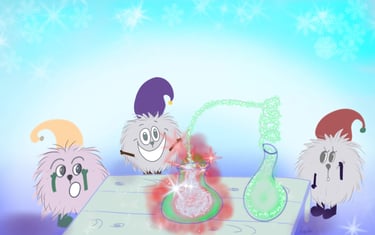 illustration de groumpfs autour d’un laboratoire avec fioles colorées, scène de conte jeunesse