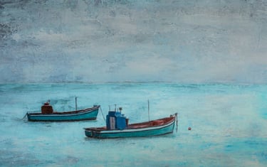 Mixed-media artwork of two fishing boats on textured blue water, created during the Napier art photography retreat.