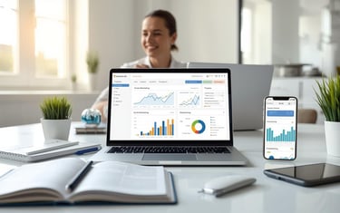 Entrepreneur using Systeme.io on a laptop with charts and marketing tools in a bright workspace.
