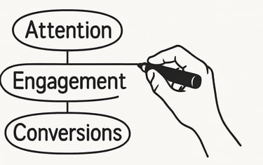 An animated hand drawing lines connecting "Attention," "Engagement," and "Conversions