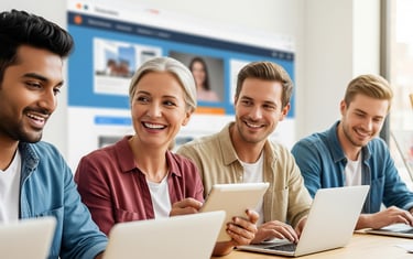 People using laptops with Hostinger builder.