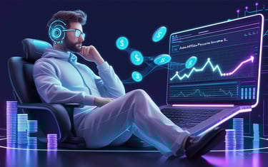 A man sitting with a headphone watching a large computer screen with dollar bills sign floating