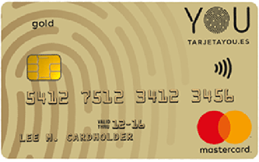 Gold Tarjeta YOU Mastercard with contactless chip and fingerprint design for secure online payments.