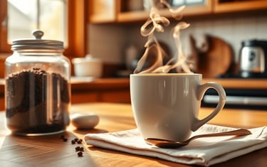 a cup of coffee with a steaming up steam in the background