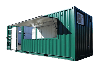 Green shipping container kiosk conversion with serving hatch and air conditioning unit for outdoor retail.