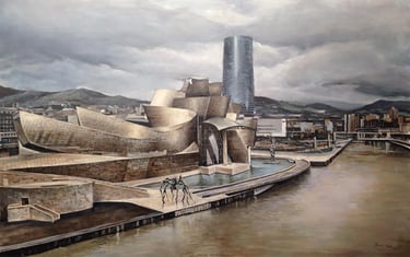 Museo Guggenheim de Bilbao, pintado por Miguel Vivo con técnica mixta sobre tabla