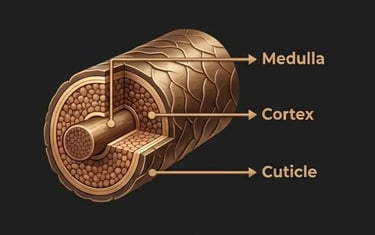 The structure of the hair strand consists of three layers: medulla, cortex, and cuticle.