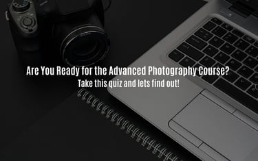 Advanced Photography Course readiness quiz with camera, laptop, and notebook setup.