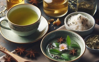 a cup of green tea next to bowls of herbs and skincare ingredients
