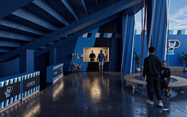 Modern interior design of Pisa Sporting Club stadium lounge with blue and black branding.