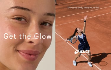 A young woman with glowing skin and a tennis player serving on a clay court for ASICS sportswear.