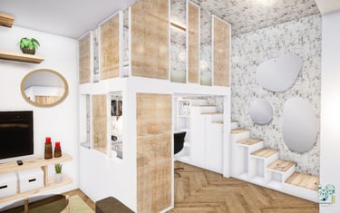 Visuel photoréaliste d'une pièce de vie avec un lit mezzanine et un espace bureau dessous