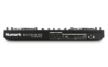 Vista trasera del Numark Mixstream Pro con conexiones profesionales para alquiler de controladora DJ en fiestas y eventos