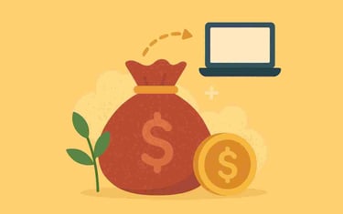 Pengarkasse med dollartecken som pekar mot en dator