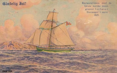 A christmas card featuring a painting of a norwegian slooper ship