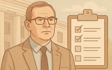 Serious man in suit with checklist clipboard – symbolic of compliance or audit process